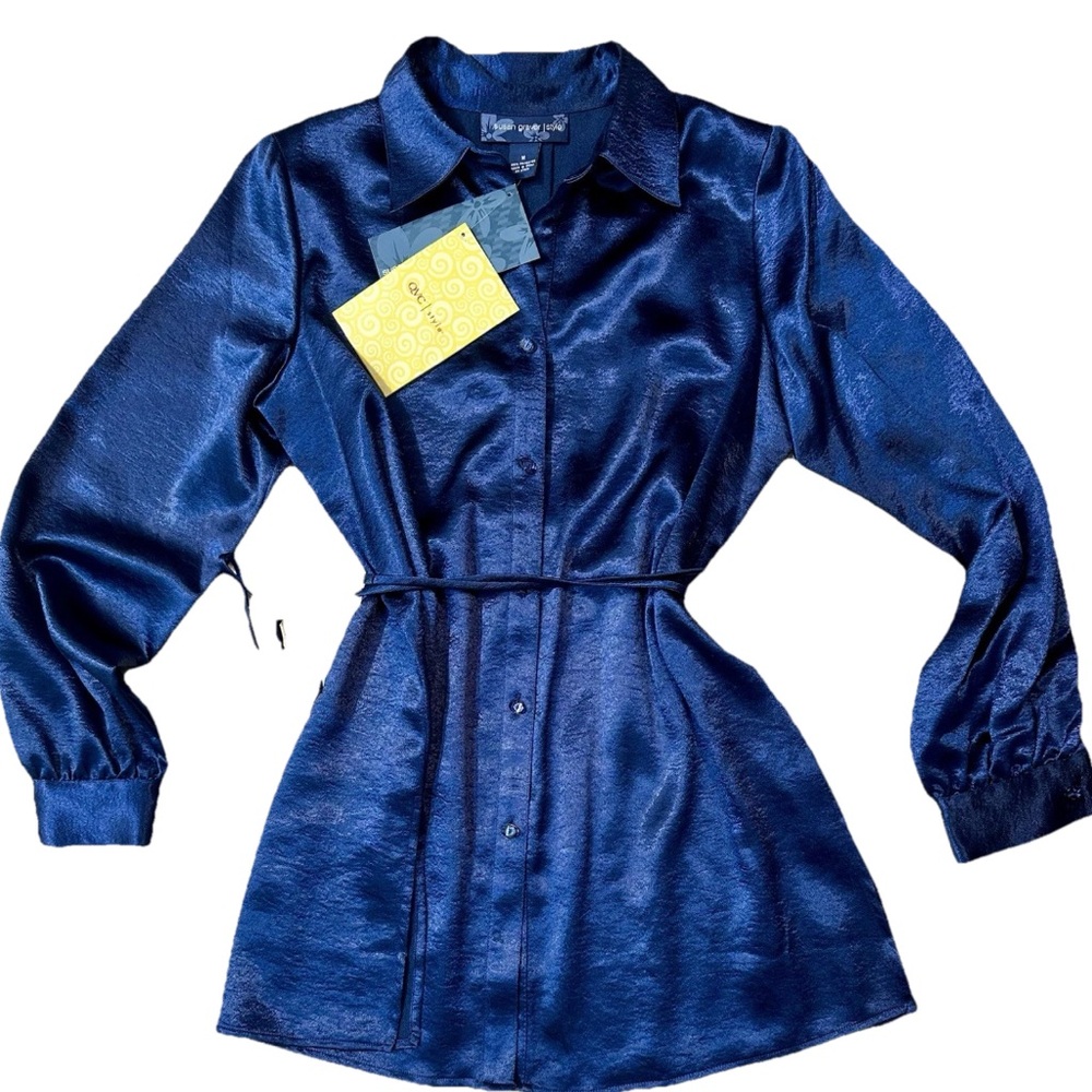 NWT Susan Graver Satin Shirt Dress/Tunic Top M Jewel Buttons Party ResortWear